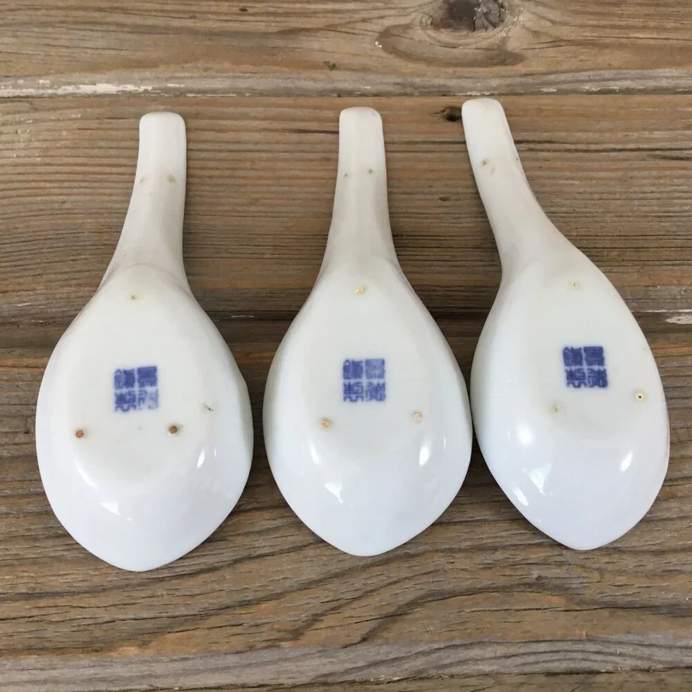 Set Of 3 Blue & White Porcelain Soup Spoons With Floral Design